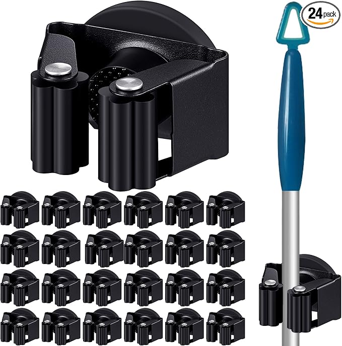 Vercraft 24 Pcs Magnetic Mop Broom Holder Movable Magnetic Broom Holder Rack, Anti Slip Wall Mounted Utility for Cleaning Tools, Garage, Kitchen, Laundry, Garden (Black)