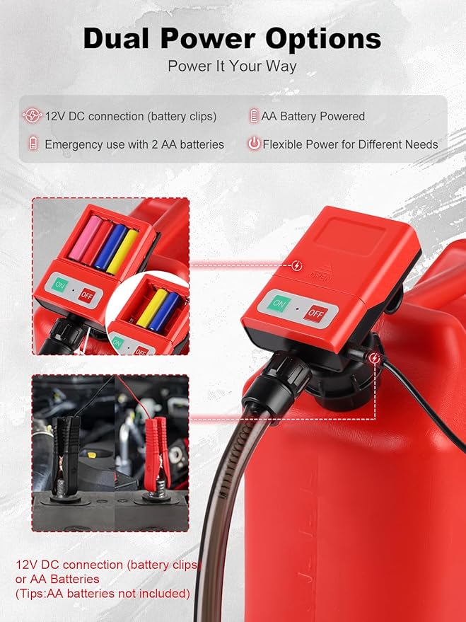 3.8 GPM Fuel Transfer Pump, 12V Battery Clip & AA Powered, 51" Hose with 4 Adapters, Portable Cordless Gas Diesel Kerosene Pump for Cars, Boats, Lawn Mowers, Generators