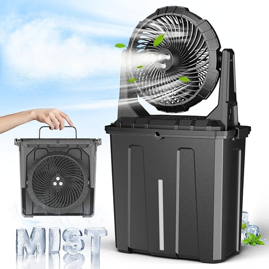 Ausic 9L Bucket Portable Misting Fan for Outdoors Patios, 30000mAh Rechargeable Battery Operated Camping Fan, 3 Strong Winds, 3 Large Spray Outlets, for Fishing/Travel/Garden Party/Golf/Tent/Office