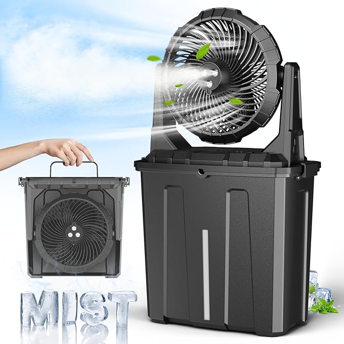 Ausic 10″ 9L Portable Misting Fan, [Max 55Hrs] Golf Cart Mister Fan for Outside Patios, 20000mAh Outdoor Rechargeable Battery Operated Water Cooling Fan, Summer Camping Essentials - 3 Spray Misters
