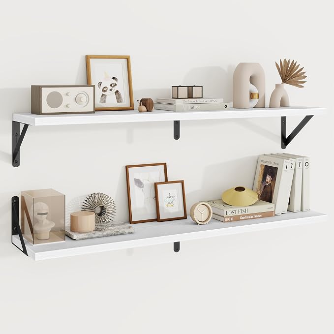 Floating Shelves 8 Inch Deep, 36W x 8D Wall Shelf Set of 2, 60 lbs Heavy Duty Reversible Metal Brackets, Industrial Book Shelf for Living Room Kitchen Bathroom Bedroom Gallery Wall, White