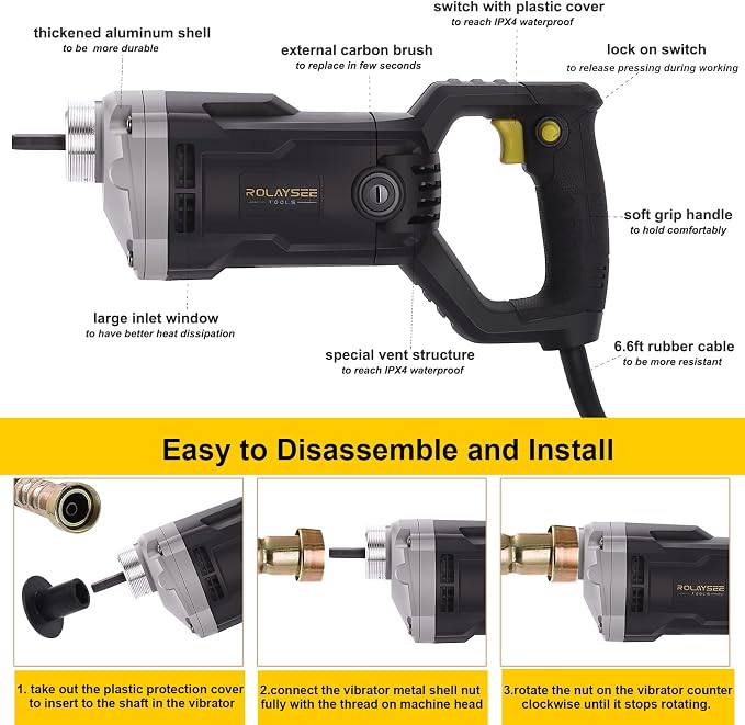 Handheld Concrete Vibrating Tool, 1500W Electric Concrete Vibrator | 6.6ft Shaft Rod, 14400VPM, Portable Pencil Cement Vibrarator, Remove Air Bubble and Mix Concrete