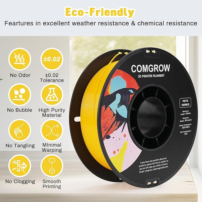 Comgrow PETG 3D Printer Filament 1.75mm, High Precision and Tough 3D Printer Filament 1kg (2.2LBS), Dimensional Accuracy +/- 0.02 mm, Fit Most 3D Printers Yellow