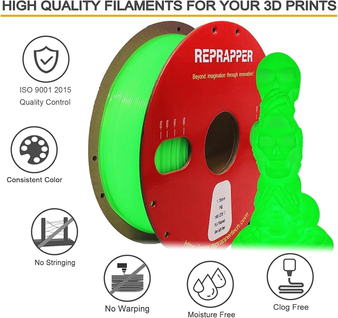 RepRapper Glow in the Dark Green PLA Filament 1.75mm (+- 0.03mm) 2.2lb (1kg) for 3D Printer, Phosphorescent Glow PLA Green Color