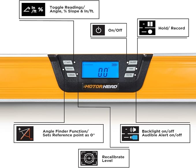 MOTORHEAD 48-Inch 0°-360° SMART DIGITAL Level, LCD Screen, Audible Alerts, Water, Dust & Shock Resistant, Magnetic Bottom, Includes Bag, High-Visibility, Solid-Milled Aluminum, USA-Based Support | Audible Alerts, Water Dust & Shock Resistant, High-Visi...