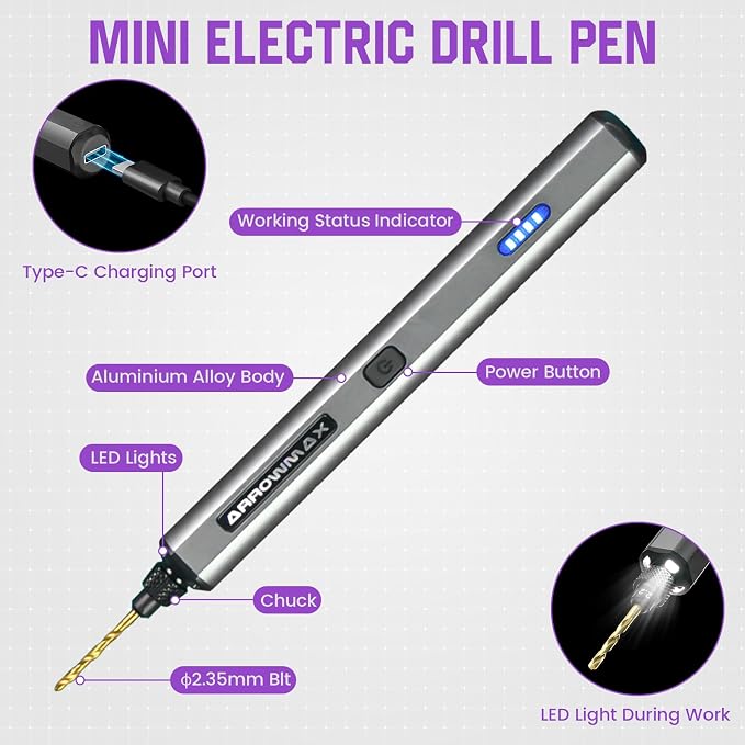 AM ARROWMAX Mini Electric Drill Pen, 13 in 1 with Aluminium case, Rechargeable, 900 RPM, Needle Vise Hand Drill Kit, 10 HSS Bits, DIY, Wood, Jewelry Making (SDS MINI)
