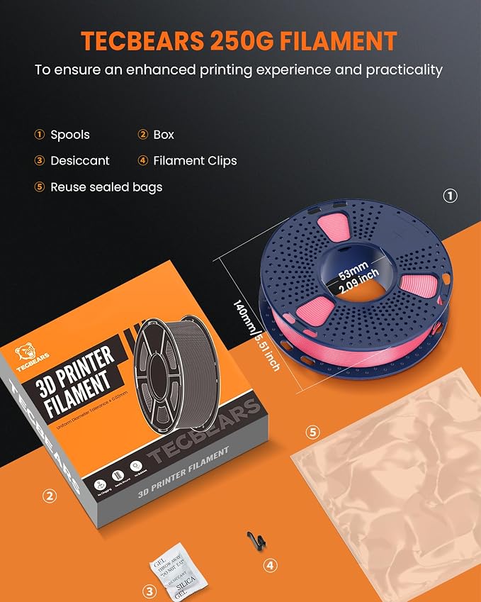 TECBEARS Silk Filament 1.75, Shiny Silk PLA Filament, 3D Printer Filament with Smooth Silky Surface, 250G Spool, 8 Rolls, Gold+Silver+Purple+Green+Blue+Pink+Orange+Red Copper
