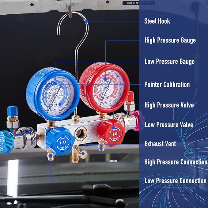 BACOENG 3.6CFM 1/4HP AC Vacuum Pump and Gauge Set, HVAC Vacuum Pump Kit for AUTO Air Conditioning System, Manifold Gauge Set for R134a R22 R410a Refrigerants - w/ R134a Can Taps and Quick Couplers