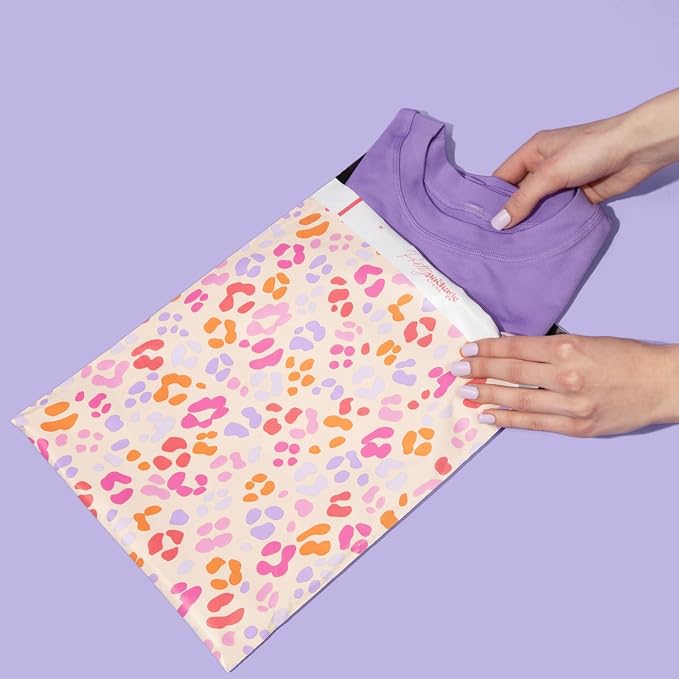 Pretty Package Store Designer Poly Mailers, 10x13, Preppy Leopard, 100 Pack | Heavy Duty, Waterproof, Self Seal, Tear Resistant, Shipping Bags for Small Business Packaging, Bulk Mailing Envelopes