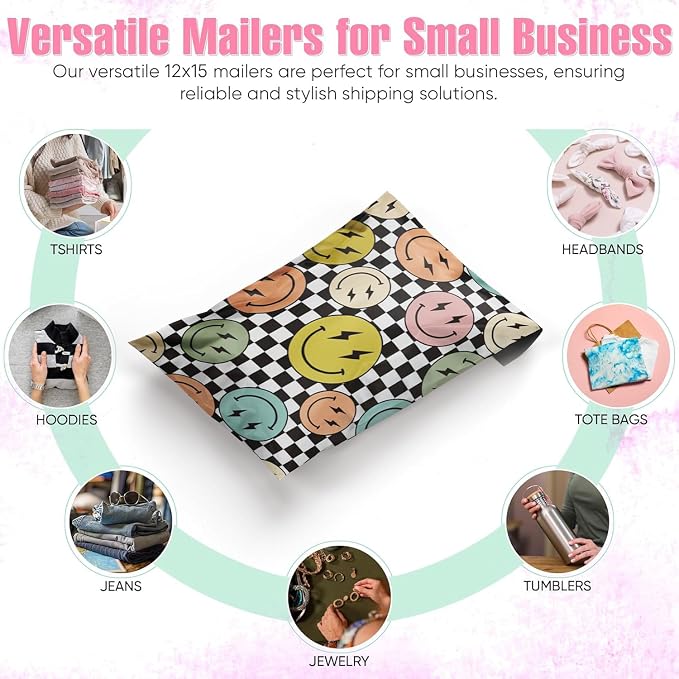 Package Mint 12x15 Poly Mailers - 100 Pack Smiles Checkerboard Print - Waterproof and Tear-Resistant Mailing Bags with Self-Adhesive Seal - Versatile Shipping Bags for Clothes and Accessories