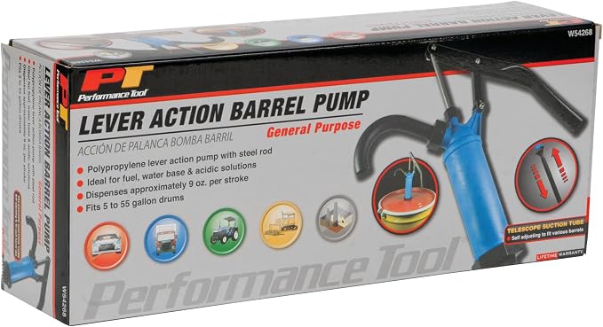 Performance Tool W54268 Blue General Purpose Lever Action Barrel Drum Pump - Fits 5 to 55 Gallon Drums