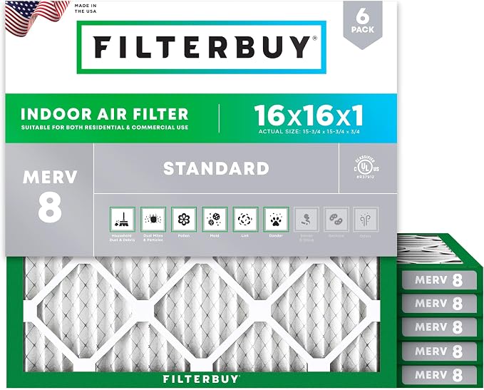 Filterbuy 16x16x1 Air Filter MERV 8 Essential Dust & Allergy Defense (6-Pack), Electrostatic Pleated HVAC AC Furnace Filters Replacement, Made in USA (Actual Size: 15.75 x 15.75 x 0.75)