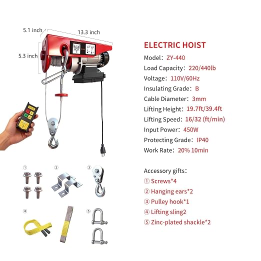 Electric Hoist with Wireless Remote Control, 110v 440lbs Electric Hoist with Remote Control, 40ft/20ft Lifting Height Motor, Lift Hoist for Factories Warehouses Construction Site Attic