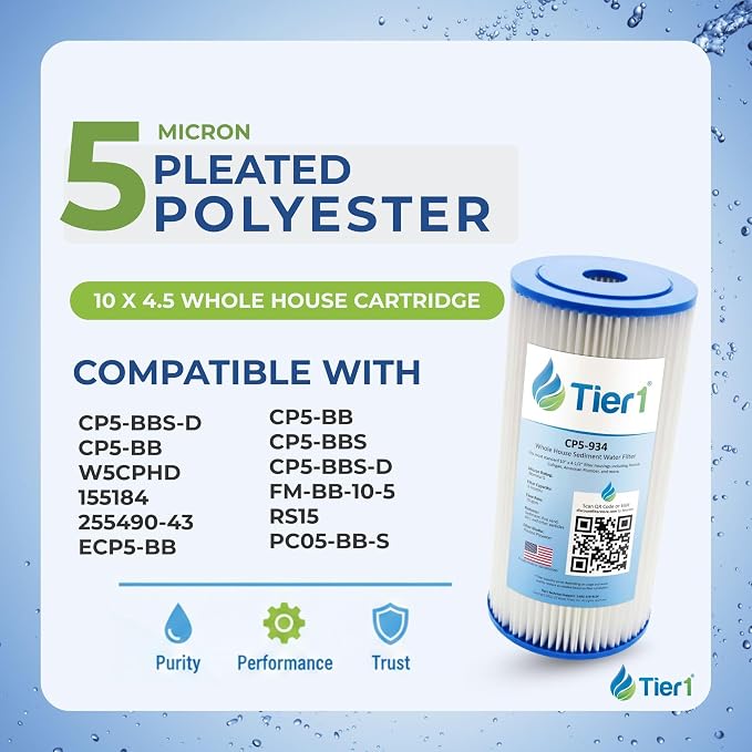 Tier1 5 Micron 10 x 4.5 Water Filter | Pleated Polyester Whole House Sediment Filter Cartridge | Replacement for Pentek CP5-BB, Culligan CP5-BBS-D, CP5-934, W5CPHD | 4.5 x 10 Water Filter (4-Pack)
