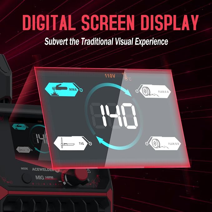 ACEWELDER 140A MIG Welder, 3 in 1 Flux Core, MIG/LIFT TIG/Stick Welding Machine 110V Portable IGBT Inverter Synergic Control, LED Display with Welding Helmet