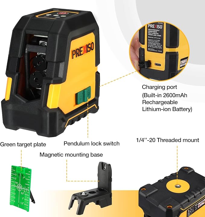 PREXISO 100Ft Rechargeable Laser Level Dual Modules & PREXISO 2-in-1 Laser Level Spirit Level with LED Lights, 100Ft Point & 30Ft Line