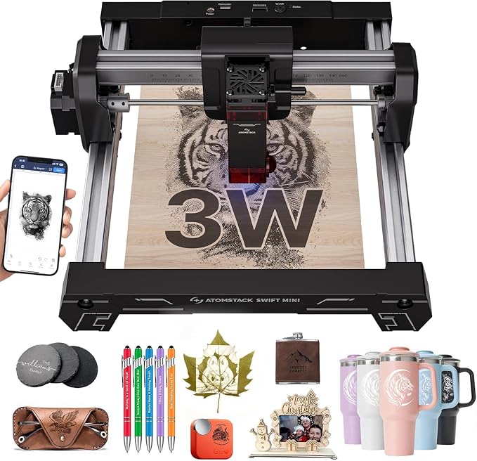 AtomStack Swift Mini Desktop Laser Engraver 3000mW Portable Wireless DIY Cutter | Plug & play compact engraver with AI software Supports wood leather & metal Stable frame WiFi/App control
