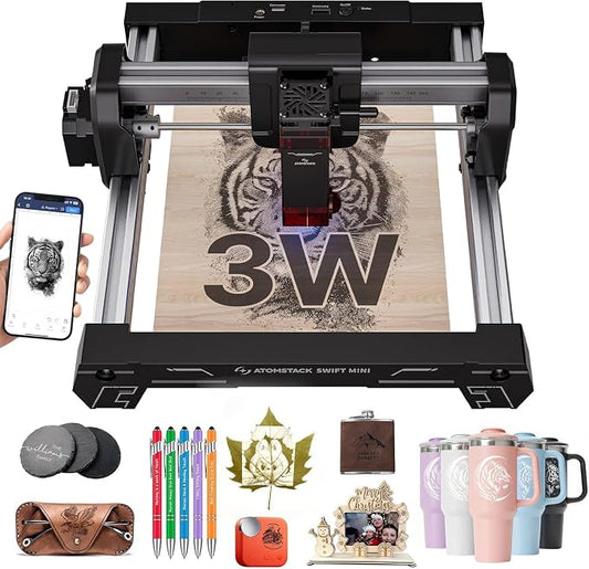 AtomStack Swift Mini Desktop Laser Engraver 3000mW Portable Wireless DIY Cutter | Plug & play compact engraver with AI software Supports wood leather & metal Stable frame WiFi/App control