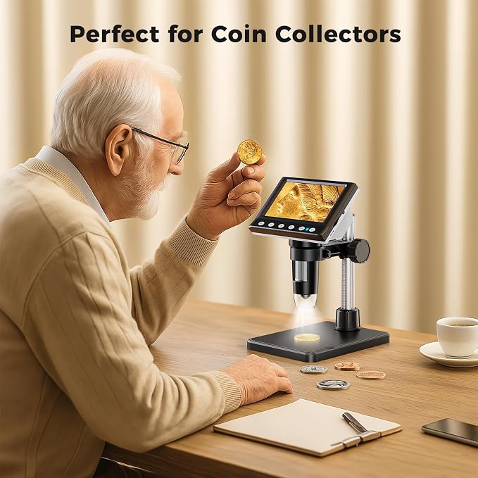 4.3 Inch LCD Digital Coin Microscope, 1000X USB Magnifier with 8 Adjustable LED Lights for Coin Inspection, Electronics Repair, Soldering, Windows/Mac Compatible, 1080P