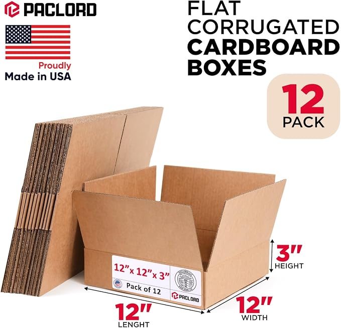 Flat Cardboard Boxes 12"L x 12"W x 3"H (Pack of 12) - USA-Made Packing Boxes for Moving, Shipping, or Storage - USPS, UPS, FedEx Approved - Professional Packing Supplies for Moving | USA-Made Packing Boxes for Moving, Shipping, or Storage - USPS, UPS, ...