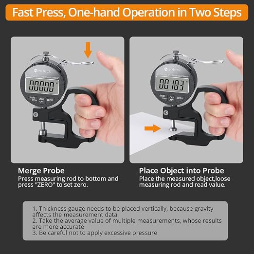 Neoteck Digital Thickness Gauge 0.5inch/12.7mm,0.00005inch/0.001mm LCD Display with Inch/MM Conversion One-Hand Quick Press Thickness Measuring Tool for Leather Paper Fabric Film etc.-Silver-Black