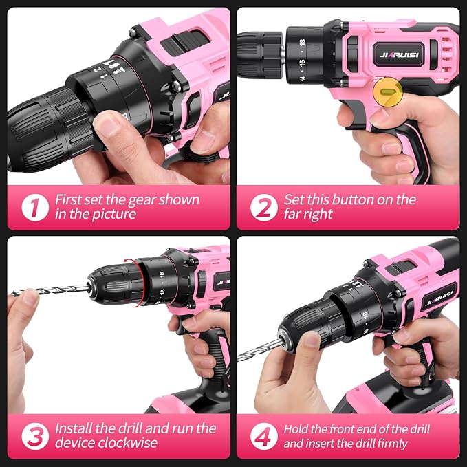 20V Cordless Drill, Electric Power Drill Set with Battery Charger and Carrying Case, 3/8” Keyless Chuck, 2 Variable Speed, 18+3 Torque, 72pcs Driver Bits and Belt Hook, Pink