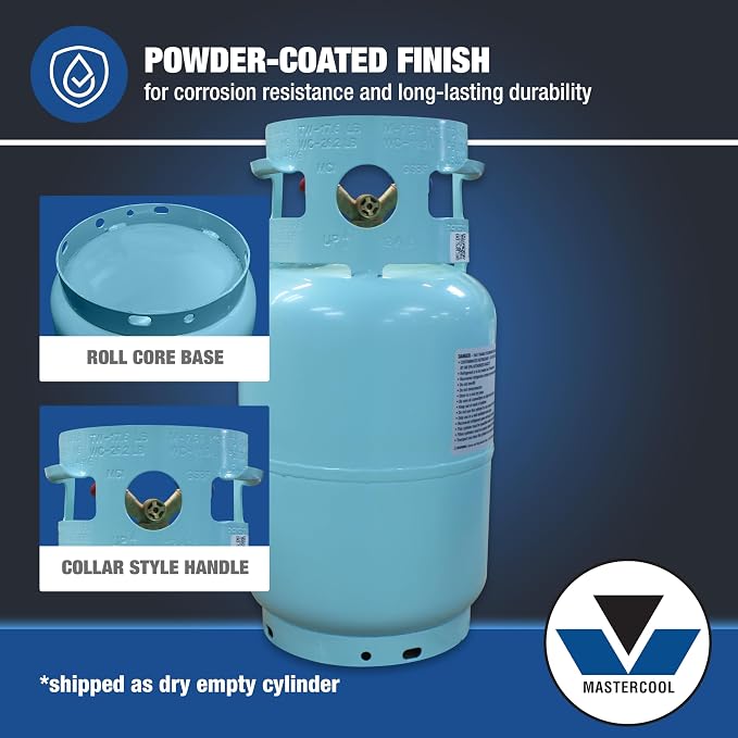 Mastercool 67010 30 lb Refrigerant Recovery Cylinder with Float Switch, DOT-Approved, 1/2" Acme Connections, HP295 Steel, Blue (No Refrigerant Included)