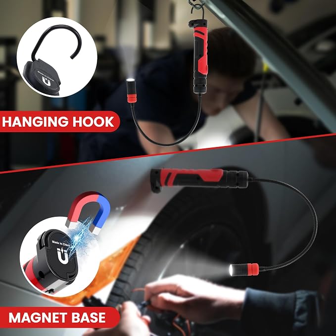 Magnetic Flashlight with Flexible Gooseneck, Rechargeable Work Light LED Flashlight and Magnetic Pickup Tool, Mechanic Light for Work Bench, Auto-Repairing, Inspection, Emergency (2 Pack)
