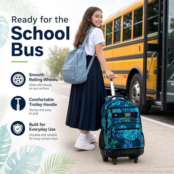3Pcs Rolling Backpack for Boys Men, Travel Roller Backpacks with Wheels for Adults, Teens College Leaf Wheeled Bookbag with Lunch Box(Green)