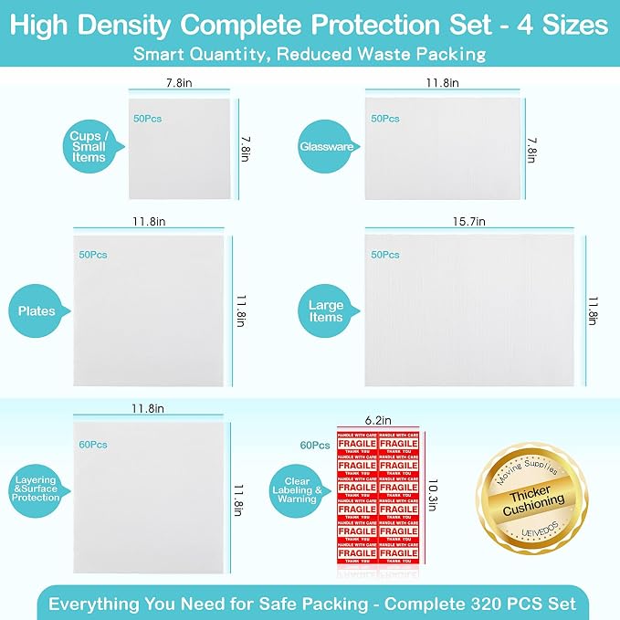 Dish Packing Supplies for Moving,320 Moving Supplies 4 Sizes (16 x 12", 12 x 12", 12 x 7.8", 7.8 x 7.8"),with 60 Fragile Stickers,High density thicker Cushion Foam for Plate Packing Shipping Storage.