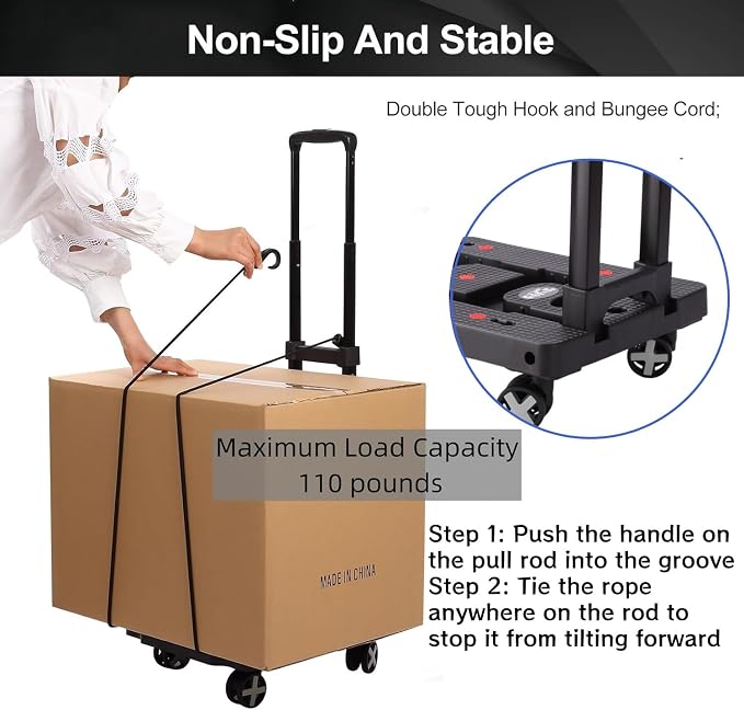 GtIiFmTe Foldable Hand Truck, Lightweight Luggage Cart for Airport Car Seat | Black compact dolly with4wheels,storage size12×15.7×4.1in,300lbs Load,Upright Lock Handle,4 swivel wheels with 3bungee cords