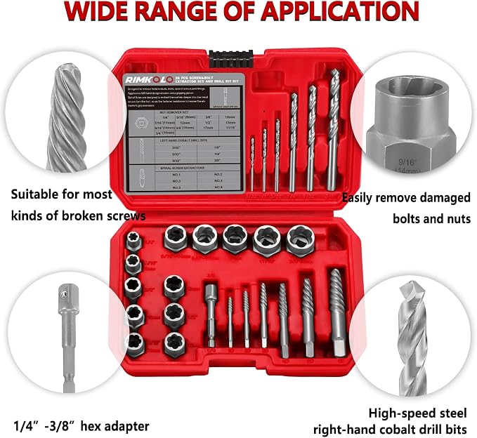 26-Piece Screw & Drill Bit Set, Multi-Spline & Bolt Extractors, Spiral Extractor for Broken Studs & Fittings