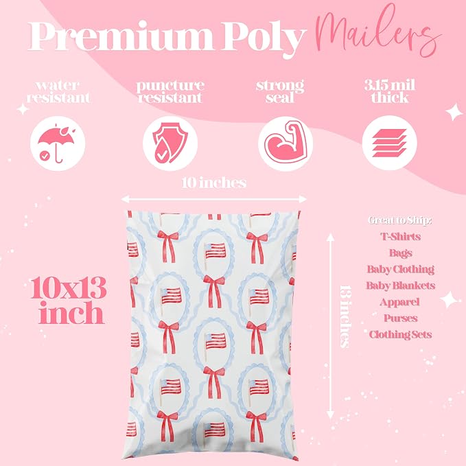 Pretty Package Store 10x13 Designer Poly Mailer 100 Pack Heavy Duty Waterproof Self Seal Shipping Bags for Small Business Large Mailing Envelopes Bulk Tear Resistant Packaging American Flag