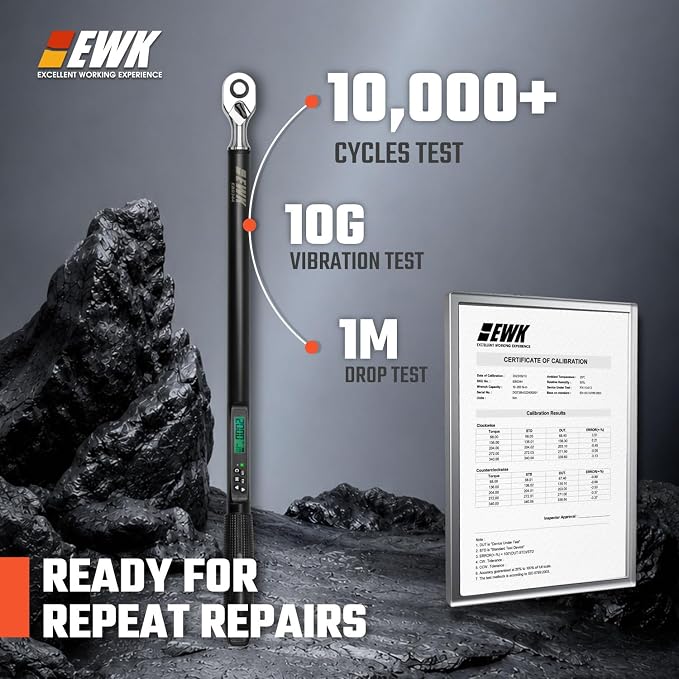 EWK 1/2 Inch Drive Digital Torque Wrench 7.4-147.6 ft-lbs (10-200 Nm) | IS0 6789, ±1.5% clockwise / ±2.5% counterclockwise, LCD Display, LED Buzzer Vibration Alert, 30 Memory Values