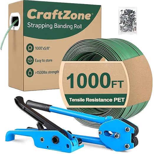 Banding Strapping Kit | Pallet Strapping Kit with Tensioner Tool | Heavy Duty Banding Tool 1500lbs Break for Banding Bulky Items Warehouses|Factories | 5/8" W*1000' L Poly Strapping|100 Seals