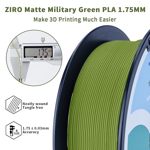 ZIRO Matte PLA Filament 1.75mm, Pure Color No-Shine 3D Printer Filament, High Toughness 3D Printing Material, Dimensional Accuracy +/- 0.03mm, Military Green(Matte)