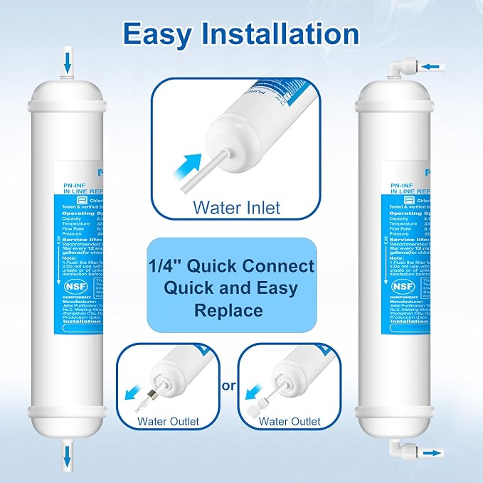 Inline Water Filter Kit for Refrigerator and Ice Maker + Lead-Free Add-A-Tee Valve 3/8 Inch x 3/8 Inch x 1/4 Inch,1/4 Turn,Brass Angle Stop Valve Adapter for Reverse Osmosis Water Filters,Ice Maker