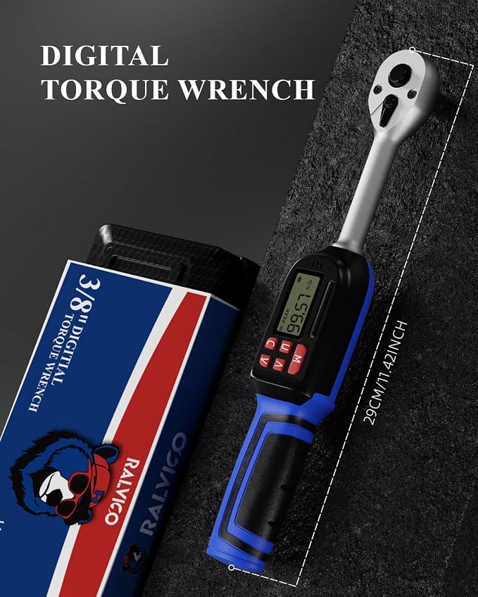 Digital Torque Wrench 3/8 Drive (5.02-99.57 Ft. Lb/ 6.8-135 N.m) ±2% Accuracy with Buzzer and LED Flash Notification 3/8 Digital Torque Wrench Four Units of Measure for Moto, Auto, Car