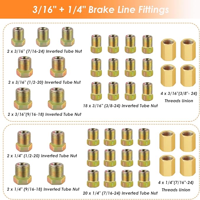 25 ft 3/16 + 1/4 Copper Coated Brake Line Tubing Kit(Includes 44 Fittings and 6 Unions) with Double & Single Flaring Tool Kit