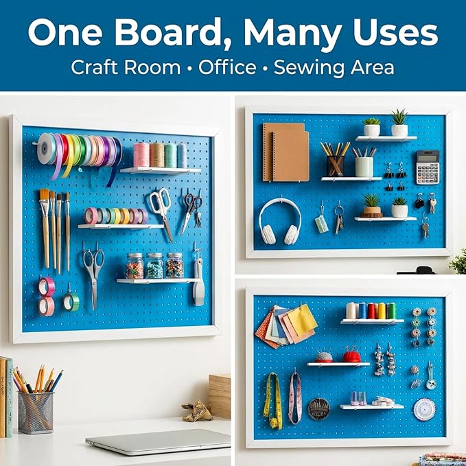 Weysat 36 x 24 Inch Framed Wood Pegboard Wall Organizer, Large Blue Decorative Peg Board Kit with 3 White Shelves and 18 Accessories, Wall Mounted Craft Storage Display for Room, Office, Sewing Room