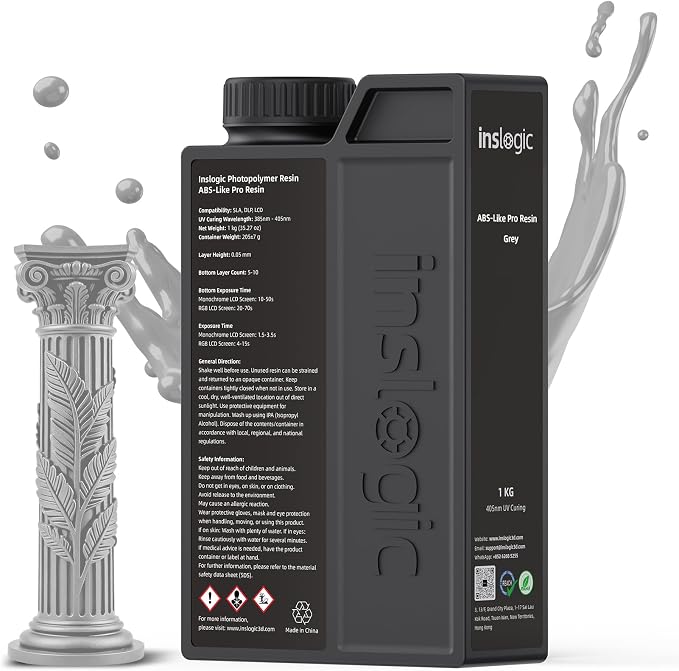 Inslogic ABS-Like Pro Resin 1kg, High Toughness 3D Printer Resin/UV Resin, Fast Curing & Low Odor, Ultra-High Precision Matte Finish for Miniatures, Prototyping & Functional Parts (Grey)