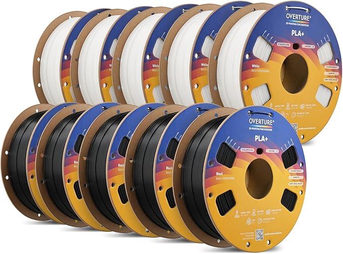 OVERTURE 10KG Bundle High Speed PLA+ 3D Printer Filament 1.75mm, Upgraded Rapid PLA 2.0 with Enhanced Toughness & Stability, 10 Pack 1kg Spool (2.2lbs) Fit Most FDM 3D Printers (Black*5+White *5)