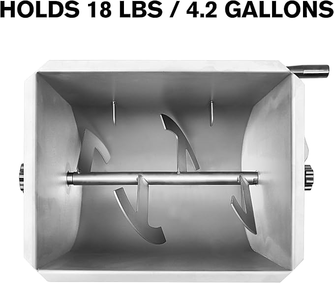Valley Sportsman Meat Mixer, 4.2 Gallons 18 Pound Capacity, Manually Cranked or Motorized Sausage Mixer Machine for Mixing, Stainless Steel, Both Commercial and Household Use