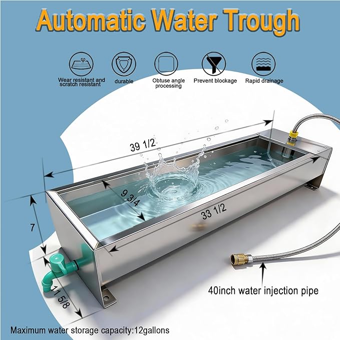 Automatic Livestock Water Trough Animal Stainless Steel Larger Automatic Waterer with Float Valve Kit for Goat Cattle Horse Hog Pigs Dog Water Dispenser Outdoor, 39.5"*11.8"*7.8",12 Gallons