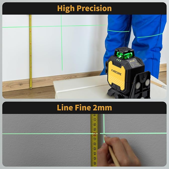 Firecore Laser Level 360 Self Leveling, 1/13" High Accuracy, Rechargeable Green Cross Line Laser for Construction and Picture Hanging, Outdoor Pulse Mode Up To 197ft, Hard Case Included