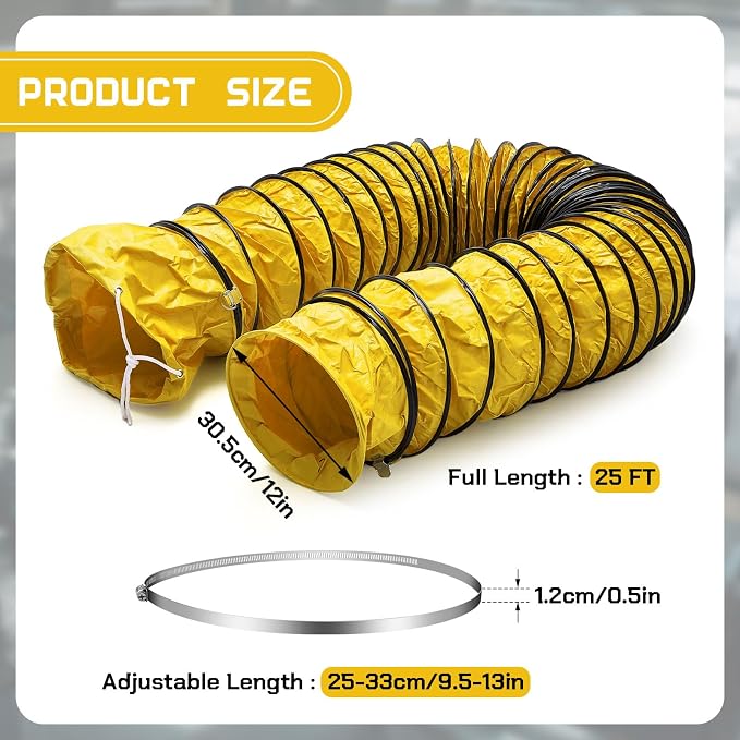 Pangda 1 Pack 25ft Duct Hosing PVC Flexible Ducting Hose 12 Inch HVAC Duct Hosing Flame Retardant with Stainless Steel Air Ducting Clamps Adjustable Hose Clamps for Utility Blower, Yellow