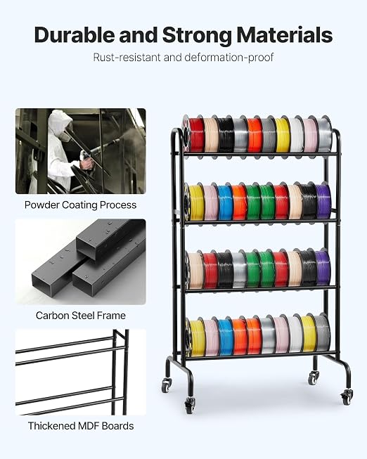 VEVOR 3D Printer Filament Storage Rack, 4 Tier Heavy Duty Storage Shelf, Rolling Filament Spool Holders Racks with Wheels, Filaments Organzied for 3D Printing Station, Office, Workshop (Shelf Only)