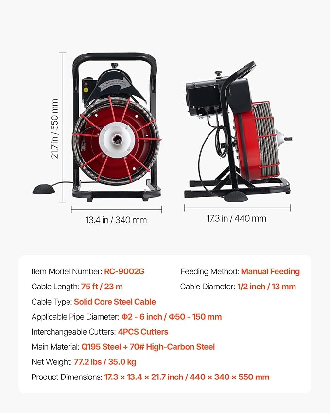 VEVOR Drain Cleaner Machine 75 FT x 1/2 Inch, Sewer Snake Auger Manual Feed with 4 Cutters & Air-activated Foot Switch for 2" to 6" Pipes