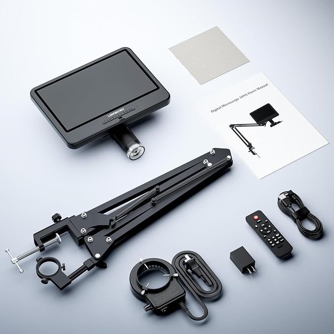 LM109A 10.1'' Digital Microscope with Flex Arm Stand, Soldering Microscope for Adults Electronics, 56 LED Ring Light, Full View Coins Camera Magnifier 260X, PC View