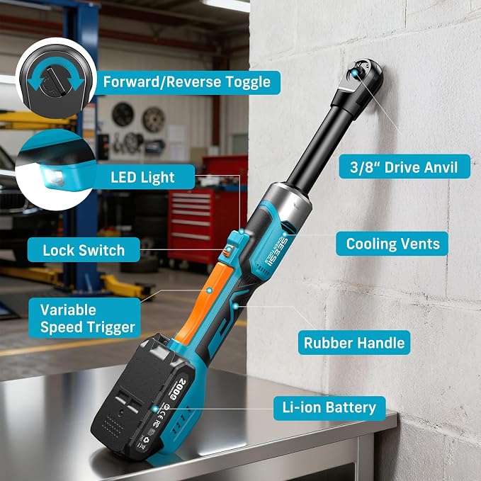 Cordless Electric Ratchet Wrench 3/8", 6" Extended Neck, 3-Speed Adjustable, 74 Ft-lbs Max Torque, 21V Power Brushless Ratchet with 2×2.0Ah Batteries & Fast Charger, 8 Sockets, 1/4"& 1/2" Adapter
